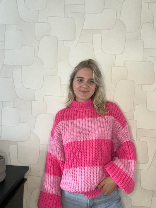 GEBREIDE GESTREEPTE TRUI - ROZE
